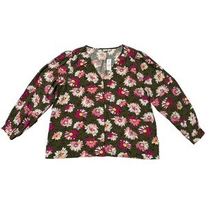 Gap Women's Olive Pink Floral Long Sleeve Shirt Size L
